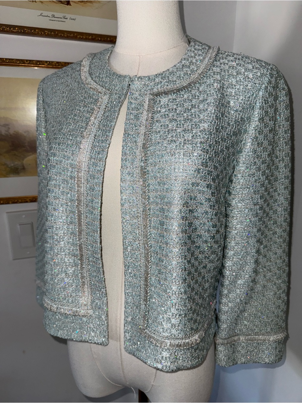 St. John Collection Iridescent Sequin Tweed Open Front Jacket in Seafoam - Picture 4 of 13